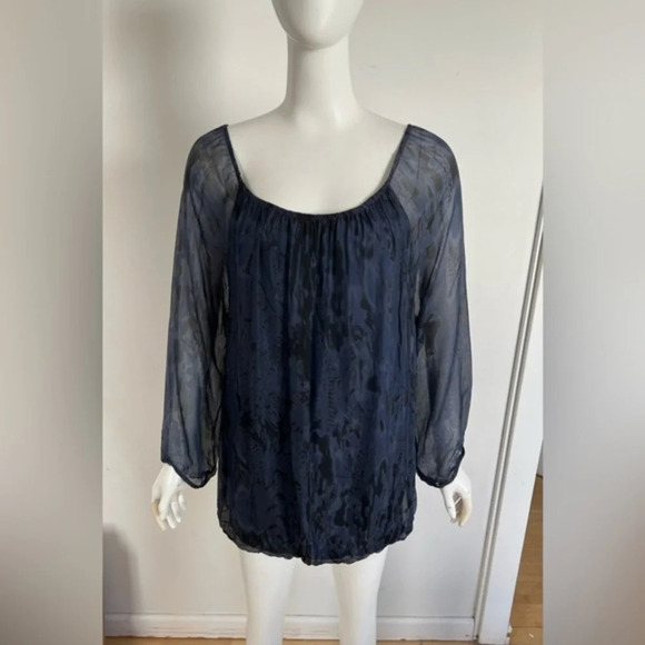 VINTAGE Fabrizia Blue Silk Boho Elastic Hem BLOUSE TUNIC TOP Size Large - Picture 1 of 8